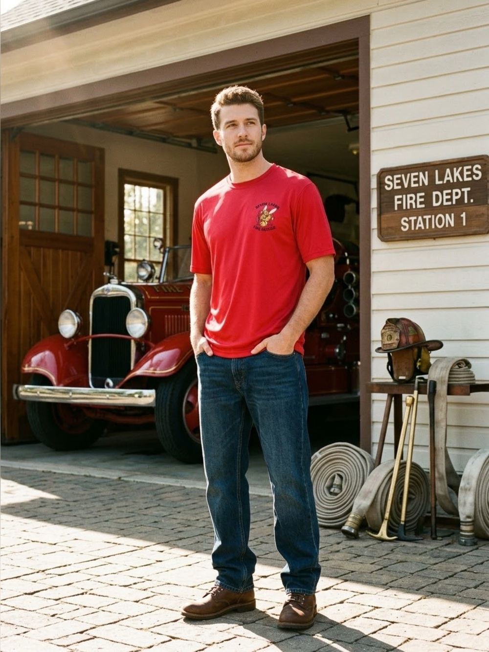 Sport-Tek T-Shirt Mens Large Red Seven Lakes Fire Rescue Moisture Wicking Poly